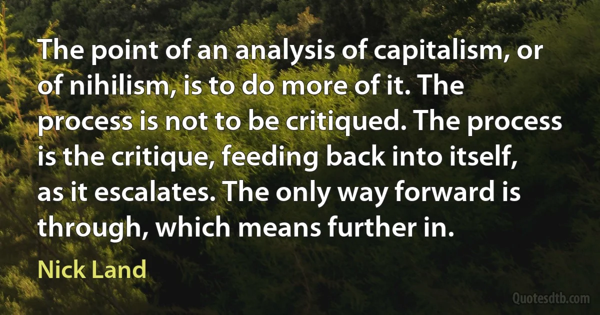 The point of an analysis of capitalism, or of nihilism, is to do more of it. The process is not to be critiqued. The process is the critique, feeding back into itself, as it escalates. The only way forward is through, which means further in. (Nick Land)