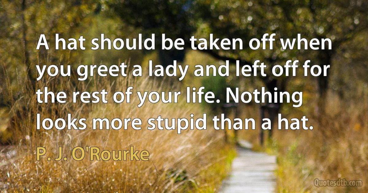 A hat should be taken off when you greet a lady and left off for the rest of your life. Nothing looks more stupid than a hat. (P. J. O'Rourke)