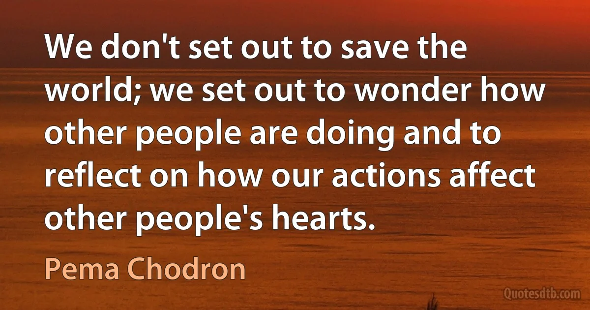 We don't set out to save the world; we set out to wonder how other people are doing and to reflect on how our actions affect other people's hearts. (Pema Chodron)