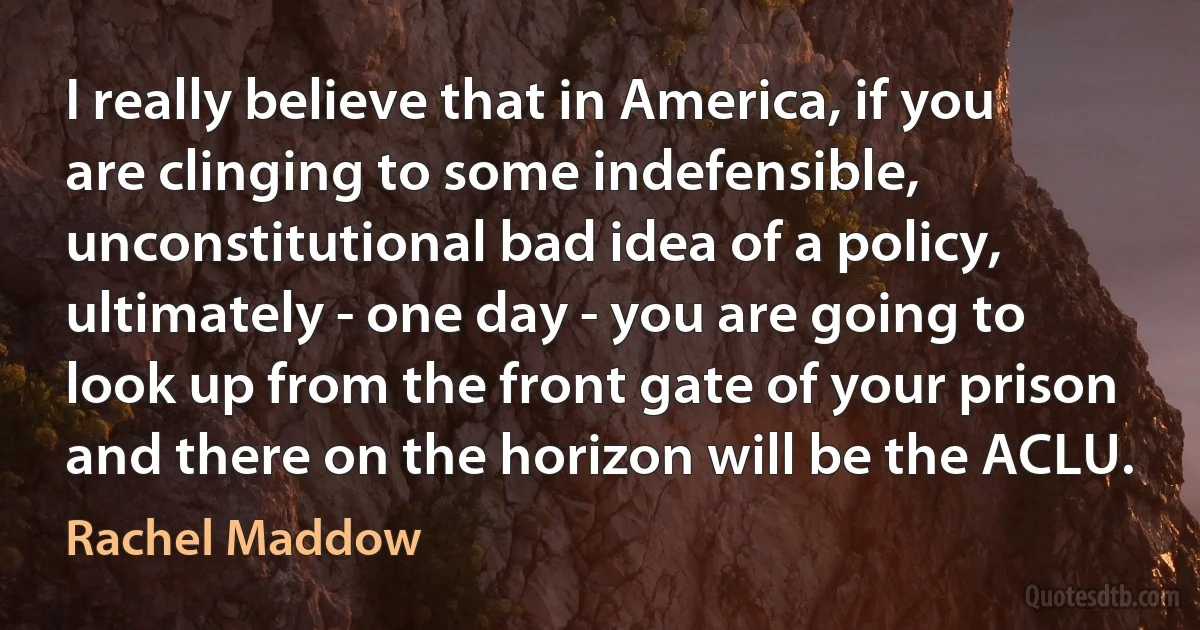 I really believe that in America, if you are clinging to some indefensible, unconstitutional bad idea of a policy, ultimately - one day - you are going to look up from the front gate of your prison and there on the horizon will be the ACLU. (Rachel Maddow)