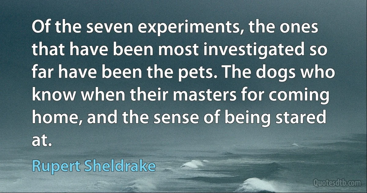 Of the seven experiments, the ones that have been most investigated so far have been the pets. The dogs who know when their masters for coming home, and the sense of being stared at. (Rupert Sheldrake)