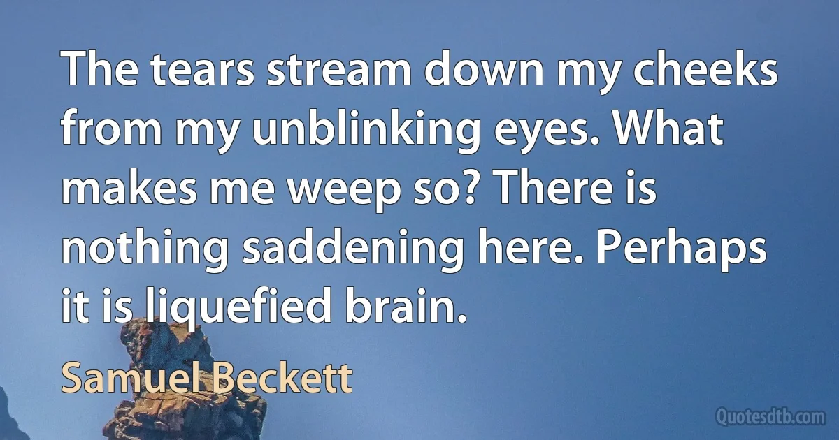 The tears stream down my cheeks from my unblinking eyes. What makes me weep so? There is nothing saddening here. Perhaps it is liquefied brain. (Samuel Beckett)