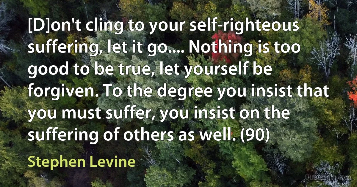 [D]on't cling to your self-righteous suffering, let it go.... Nothing is too good to be true, let yourself be forgiven. To the degree you insist that you must suffer, you insist on the suffering of others as well. (90) (Stephen Levine)