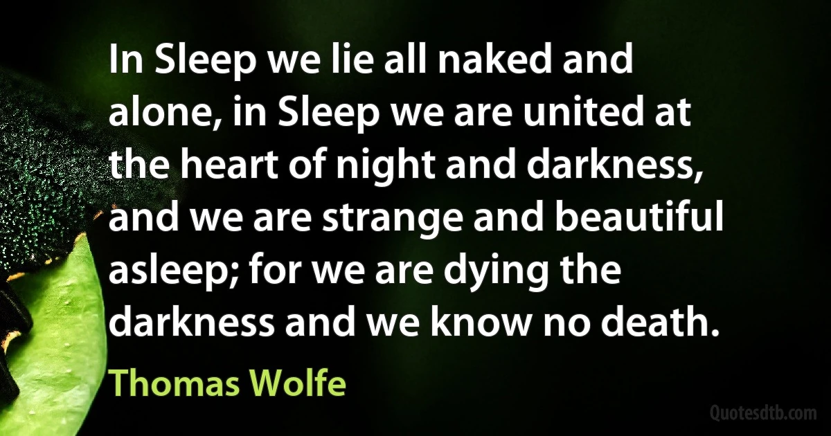 In Sleep we lie all naked and alone, in Sleep we are united at the heart of night and darkness, and we are strange and beautiful asleep; for we are dying the darkness and we know no death. (Thomas Wolfe)