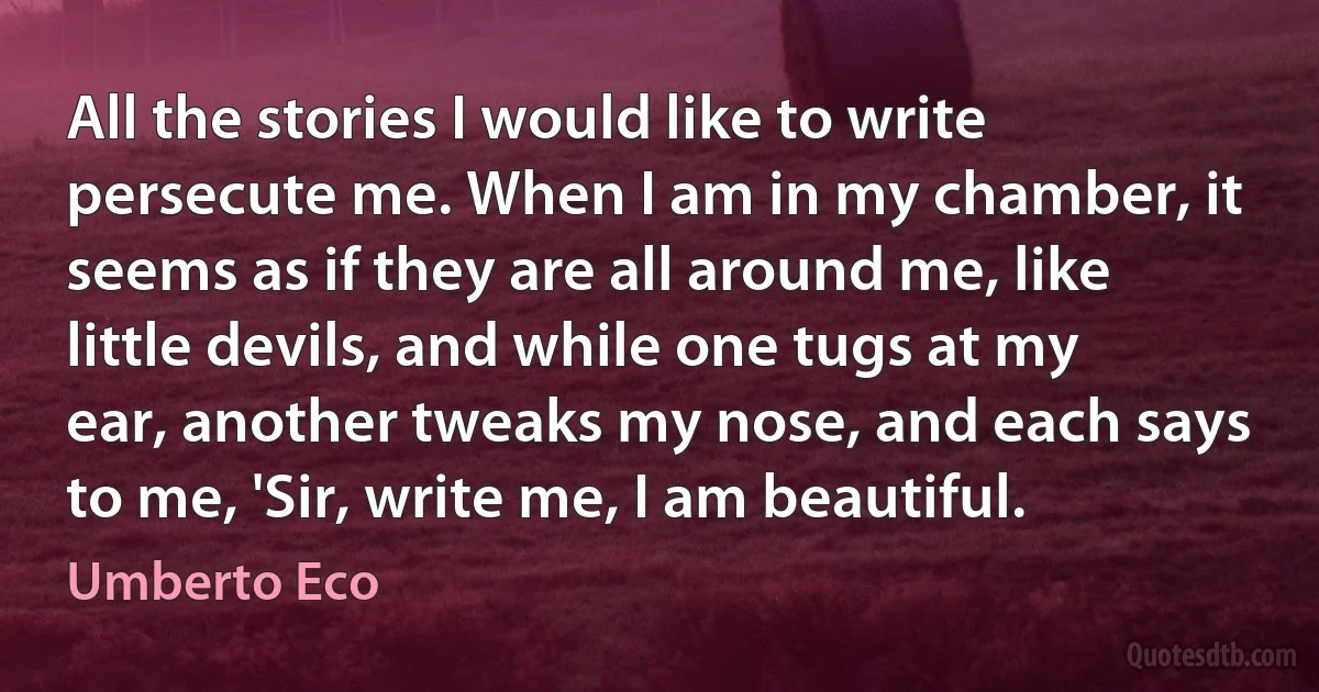 All the stories I would like to write persecute me. When I am in my chamber, it seems as if they are all around me, like little devils, and while one tugs at my ear, another tweaks my nose, and each says to me, 'Sir, write me, I am beautiful. (Umberto Eco)