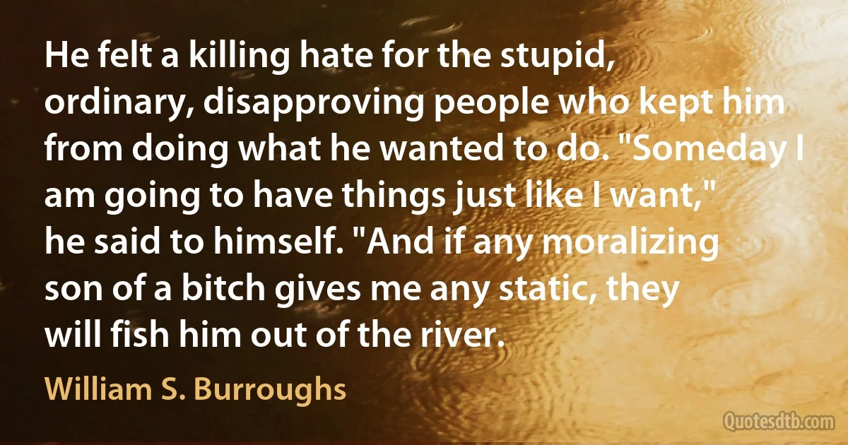 He felt a killing hate for the stupid, ordinary, disapproving people who kept him from doing what he wanted to do. "Someday I am going to have things just like I want," he said to himself. "And if any moralizing son of a bitch gives me any static, they will fish him out of the river. (William S. Burroughs)