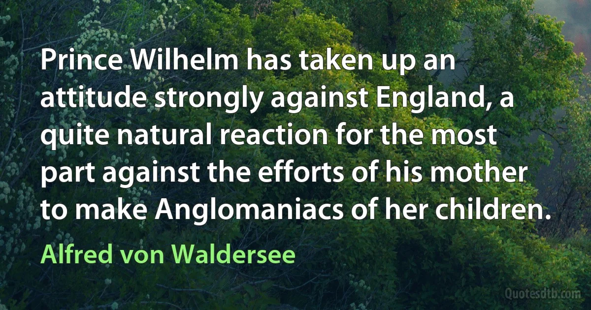 Prince Wilhelm has taken up an attitude strongly against England, a quite natural reaction for the most part against the efforts of his mother to make Anglomaniacs of her children. (Alfred von Waldersee)