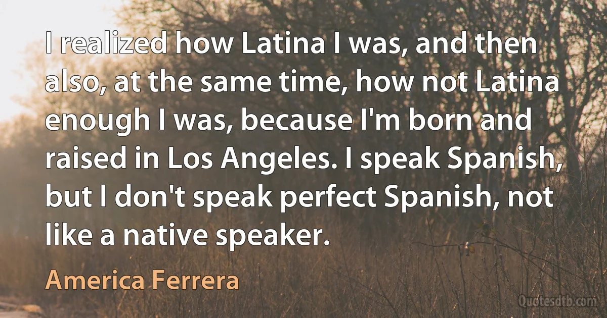 I realized how Latina I was, and then also, at the same time, how not Latina enough I was, because I'm born and raised in Los Angeles. I speak Spanish, but I don't speak perfect Spanish, not like a native speaker. (America Ferrera)