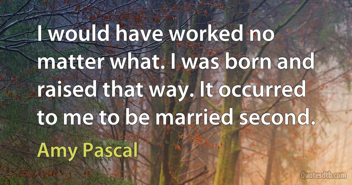 I would have worked no matter what. I was born and raised that way. It occurred to me to be married second. (Amy Pascal)