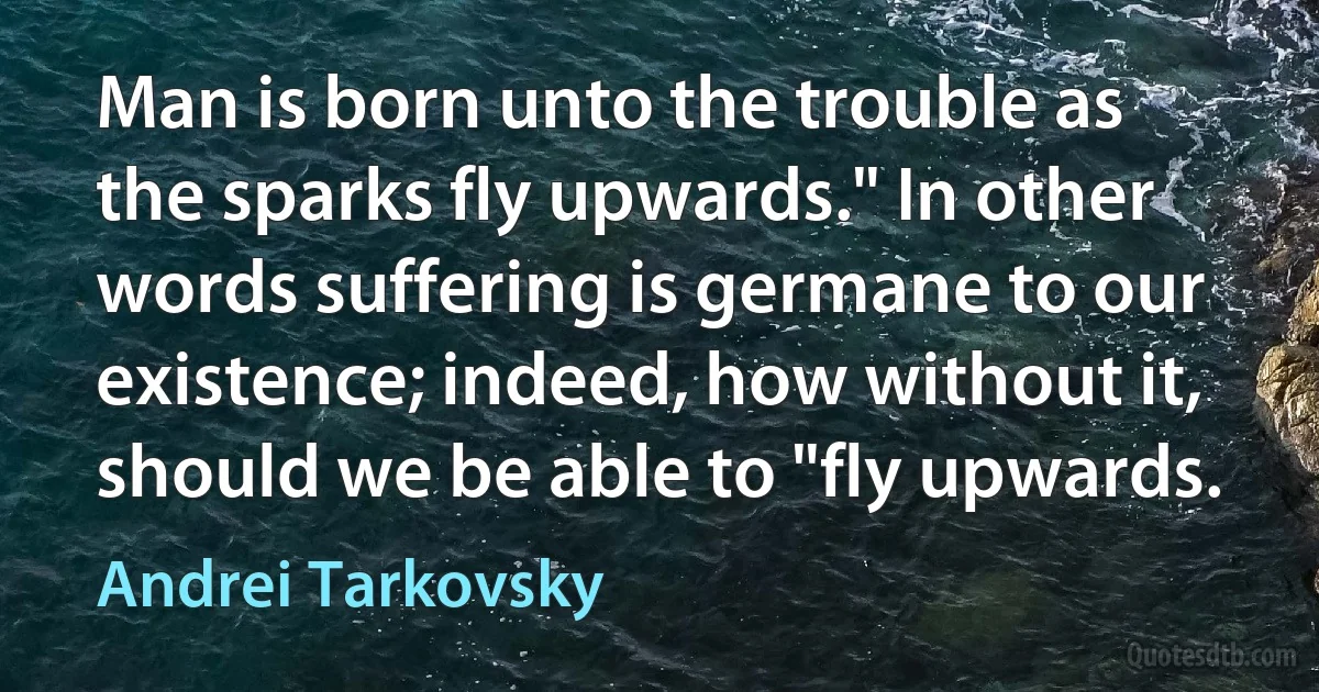 Man is born unto the trouble as the sparks fly upwards." In other words suffering is germane to our existence; indeed, how without it, should we be able to "fly upwards. (Andrei Tarkovsky)