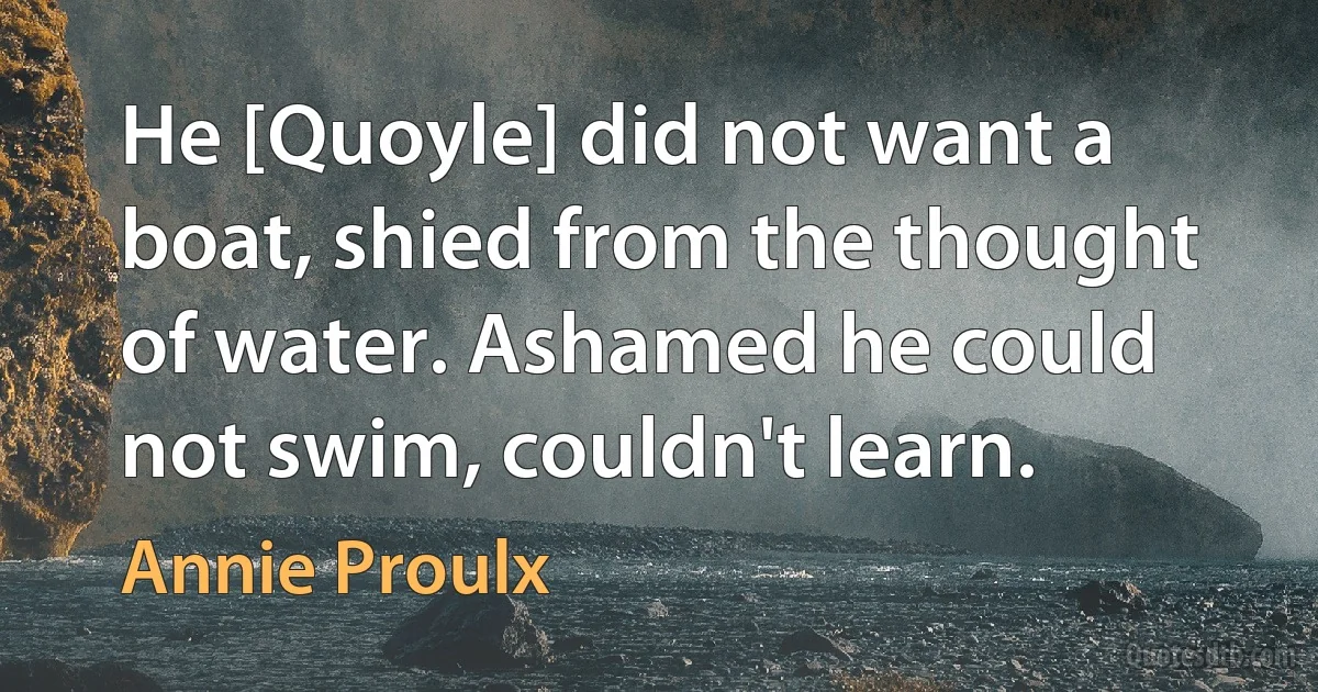 He [Quoyle] did not want a boat, shied from the thought of water. Ashamed he could not swim, couldn't learn. (Annie Proulx)