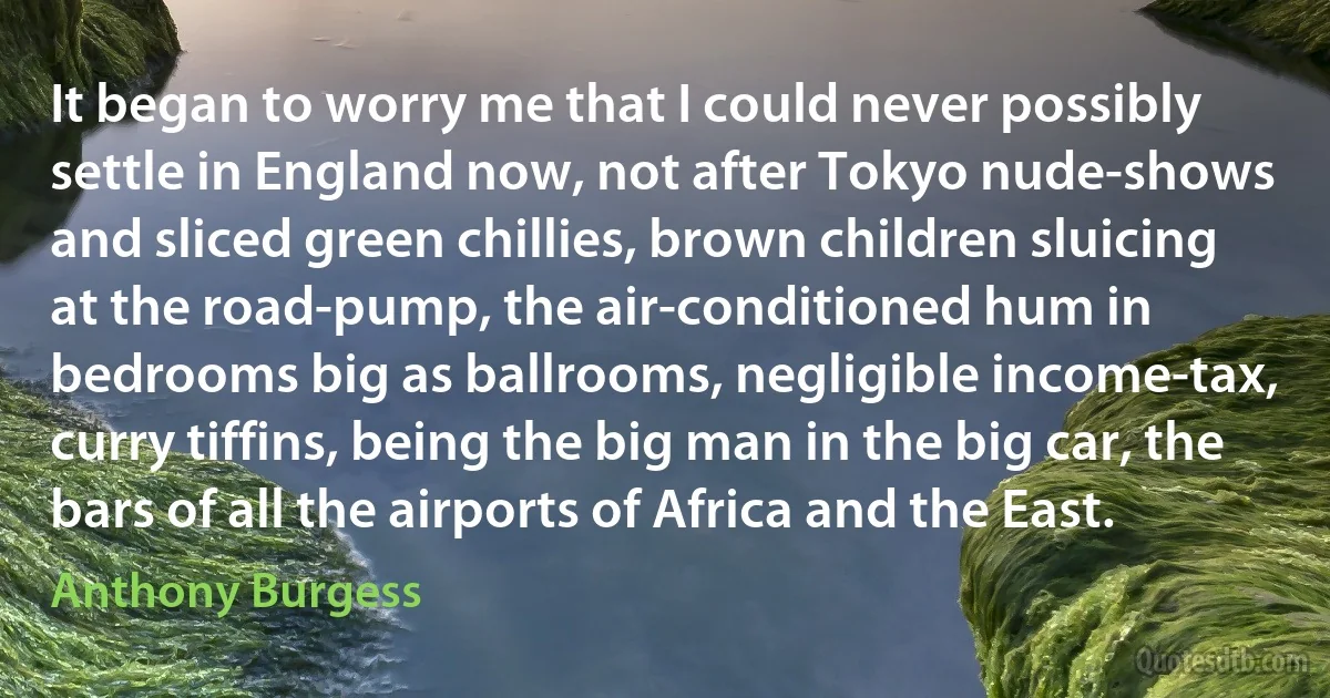 It began to worry me that I could never possibly settle in England now, not after Tokyo nude-shows and sliced green chillies, brown children sluicing at the road-pump, the air-conditioned hum in bedrooms big as ballrooms, negligible income-tax, curry tiffins, being the big man in the big car, the bars of all the airports of Africa and the East. (Anthony Burgess)