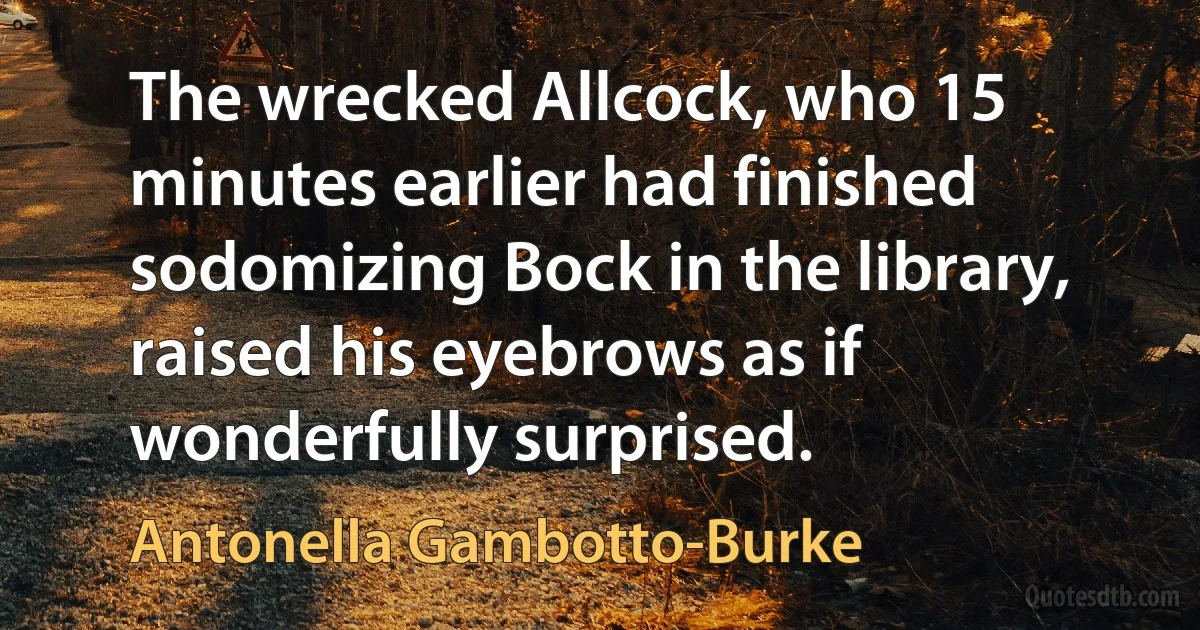 The wrecked Allcock, who 15 minutes earlier had finished sodomizing Bock in the library, raised his eyebrows as if wonderfully surprised. (Antonella Gambotto-Burke)