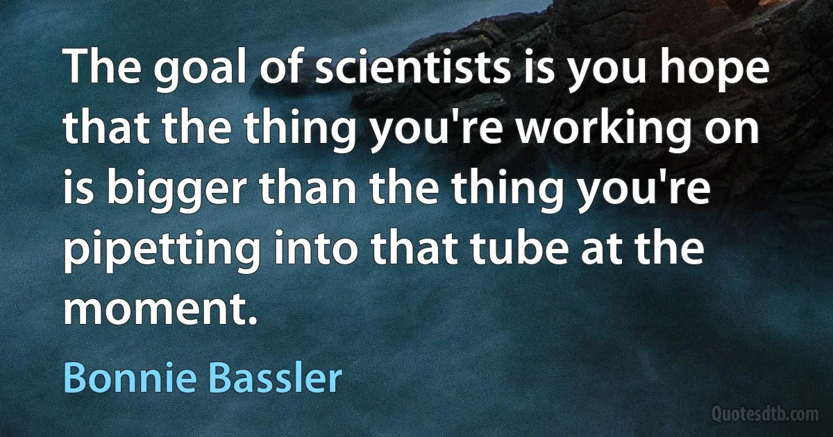 The goal of scientists is you hope that the thing you're working on is bigger than the thing you're pipetting into that tube at the moment. (Bonnie Bassler)