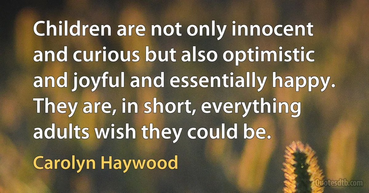 Children are not only innocent and curious but also optimistic and joyful and essentially happy. They are, in short, everything adults wish they could be. (Carolyn Haywood)