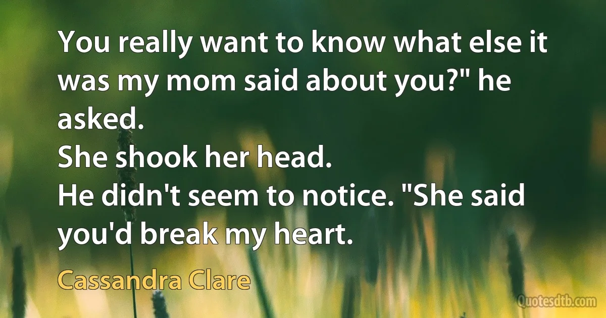 You really want to know what else it was my mom said about you?" he asked.
She shook her head.
He didn't seem to notice. "She said you'd break my heart. (Cassandra Clare)