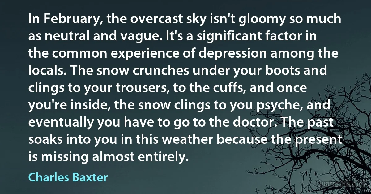 In February, the overcast sky isn't gloomy so much as neutral and vague. It's a significant factor in the common experience of depression among the locals. The snow crunches under your boots and clings to your trousers, to the cuffs, and once you're inside, the snow clings to you psyche, and eventually you have to go to the doctor. The past soaks into you in this weather because the present is missing almost entirely. (Charles Baxter)