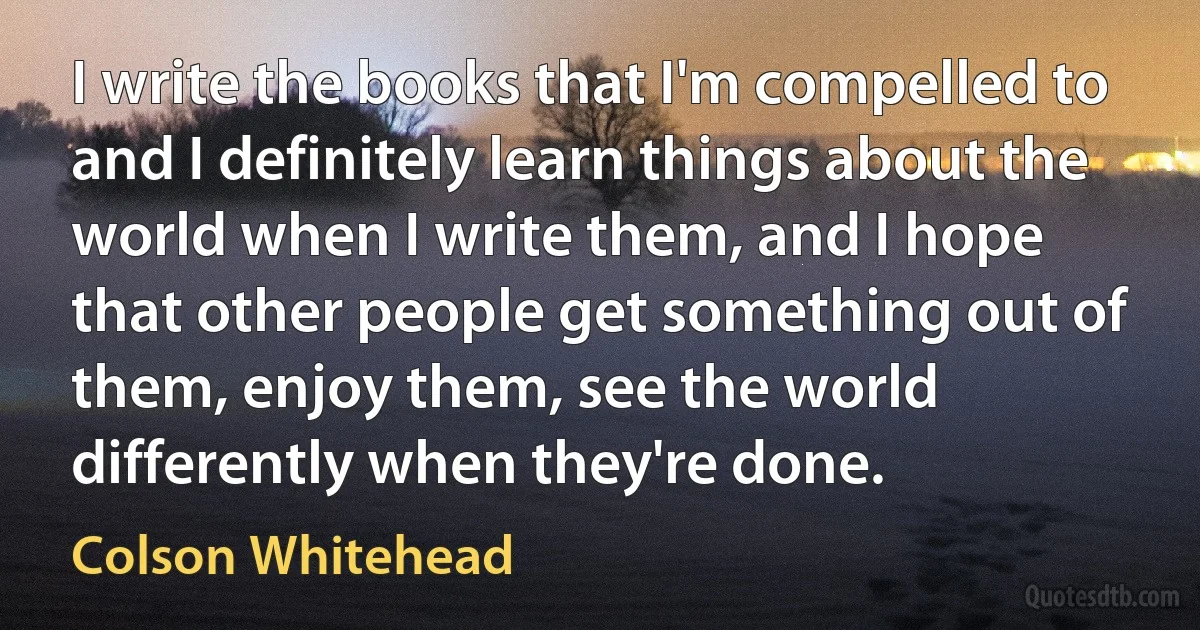 I write the books that I'm compelled to and I definitely learn things about the world when I write them, and I hope that other people get something out of them, enjoy them, see the world differently when they're done. (Colson Whitehead)