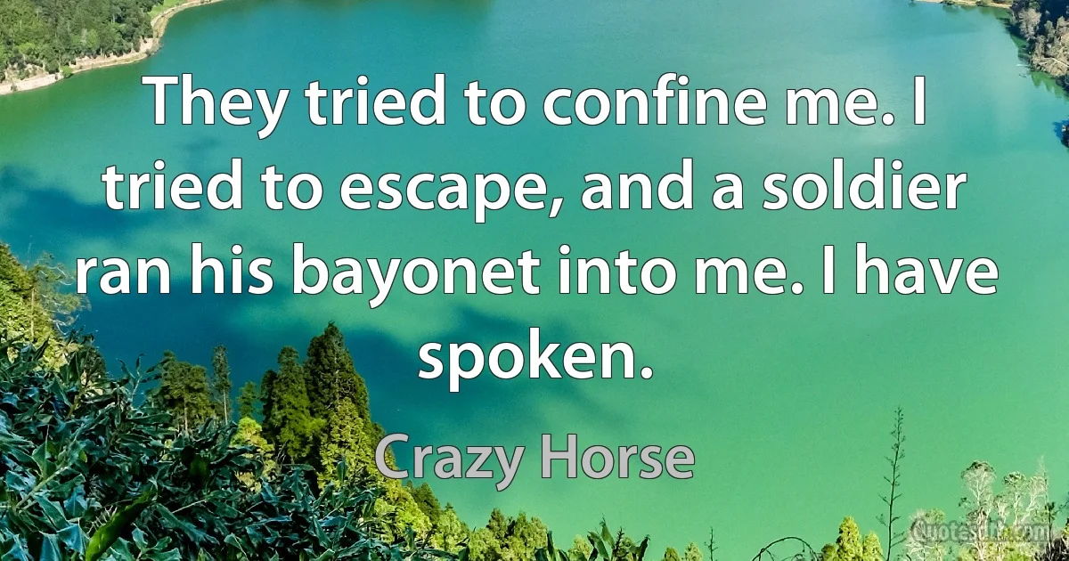 They tried to confine me. I tried to escape, and a soldier ran his bayonet into me. I have spoken. (Crazy Horse)