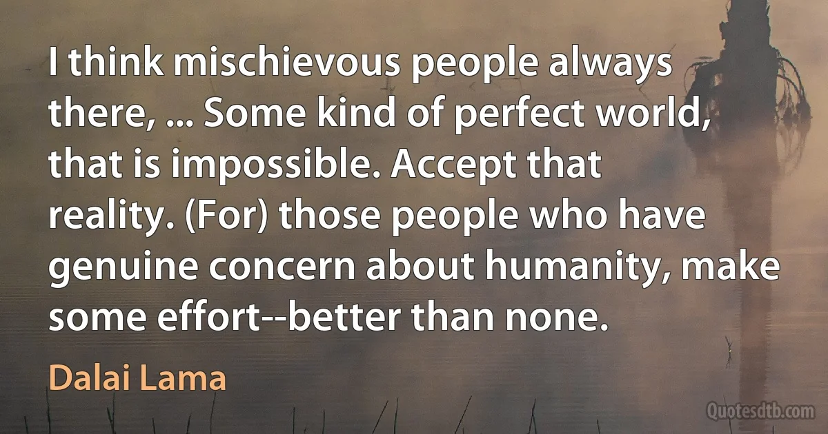 I think mischievous people always there, ... Some kind of perfect world, that is impossible. Accept that reality. (For) those people who have genuine concern about humanity, make some effort--better than none. (Dalai Lama)