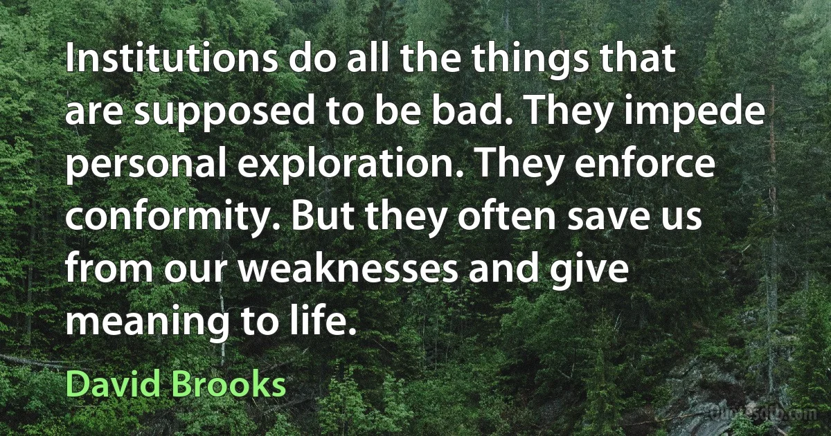 Institutions do all the things that are supposed to be bad. They impede personal exploration. They enforce conformity. But they often save us from our weaknesses and give meaning to life. (David Brooks)