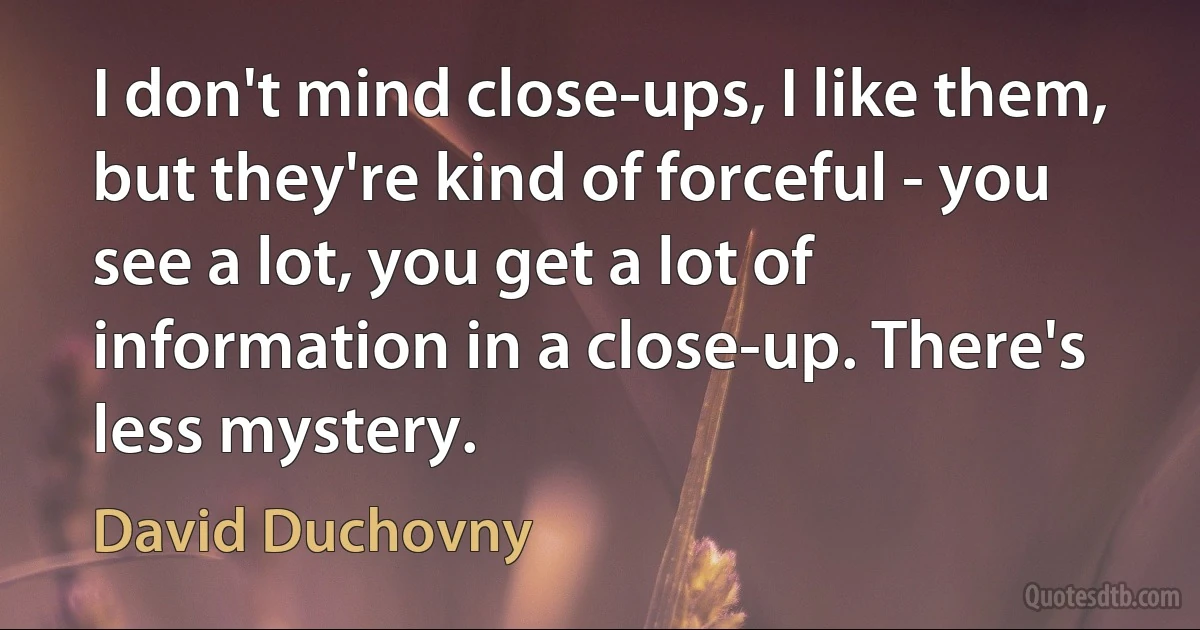 I don't mind close-ups, I like them, but they're kind of forceful - you see a lot, you get a lot of information in a close-up. There's less mystery. (David Duchovny)