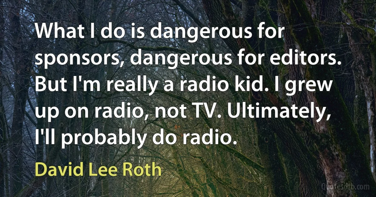 What I do is dangerous for sponsors, dangerous for editors. But I'm really a radio kid. I grew up on radio, not TV. Ultimately, I'll probably do radio. (David Lee Roth)