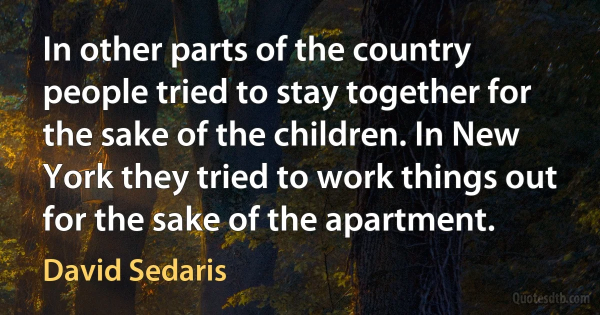 In other parts of the country people tried to stay together for the sake of the children. In New York they tried to work things out for the sake of the apartment. (David Sedaris)