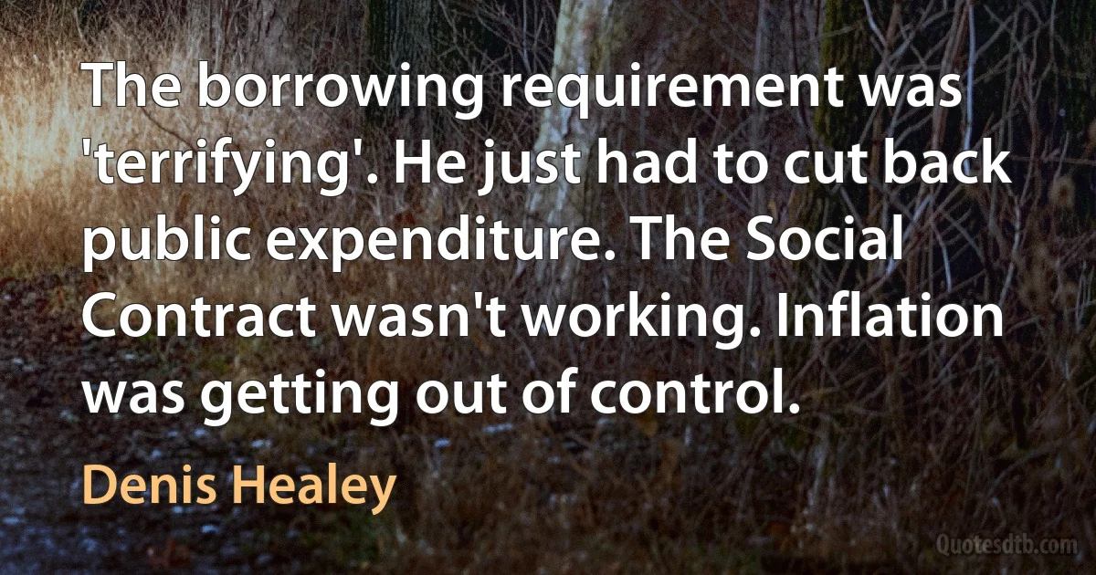 The borrowing requirement was 'terrifying'. He just had to cut back public expenditure. The Social Contract wasn't working. Inflation was getting out of control. (Denis Healey)