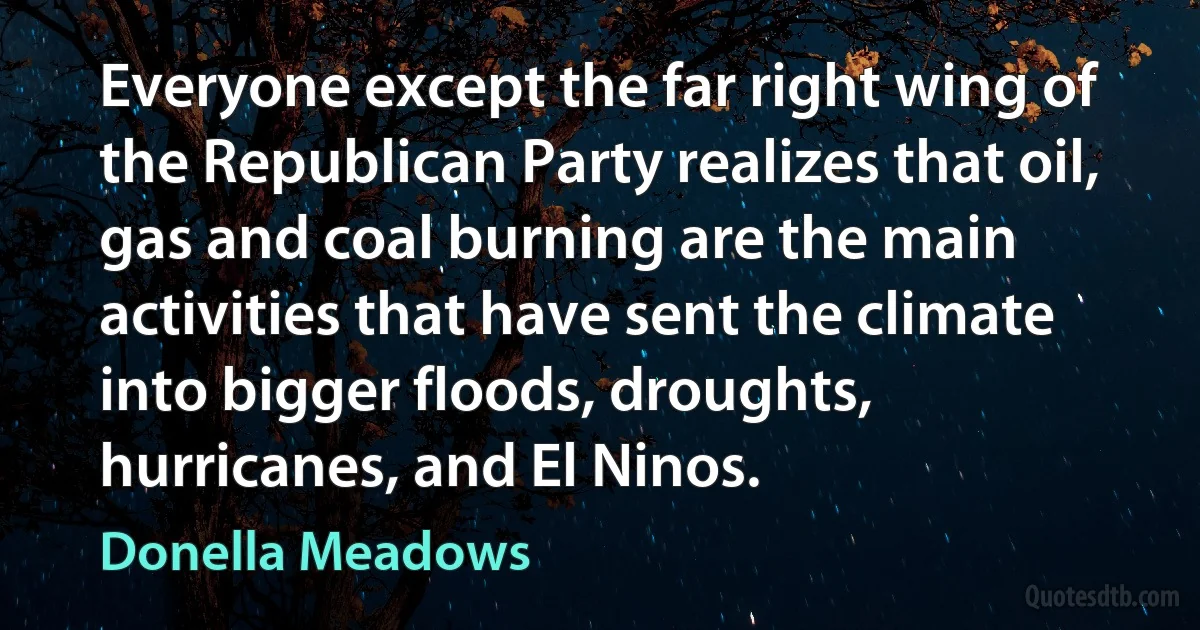 Everyone except the far right wing of the Republican Party realizes that oil, gas and coal burning are the main activities that have sent the climate into bigger floods, droughts, hurricanes, and El Ninos. (Donella Meadows)