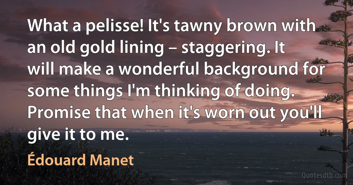 What a pelisse! It's tawny brown with an old gold lining – staggering. It will make a wonderful background for some things I'm thinking of doing. Promise that when it's worn out you'll give it to me. (Édouard Manet)