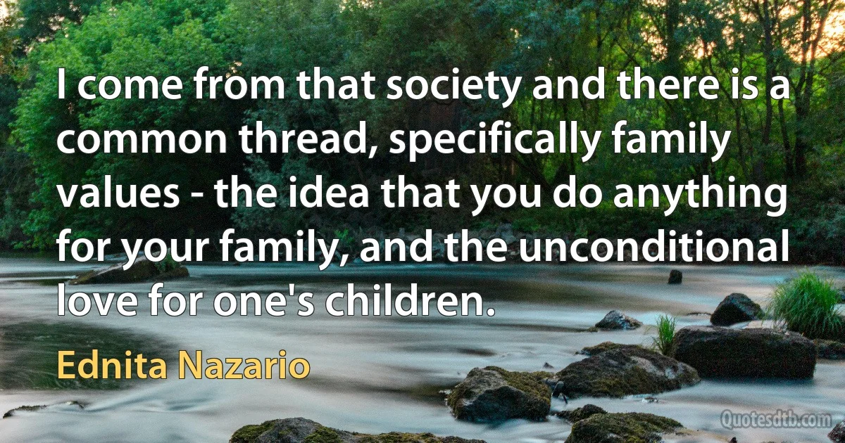 I come from that society and there is a common thread, specifically family values - the idea that you do anything for your family, and the unconditional love for one's children. (Ednita Nazario)