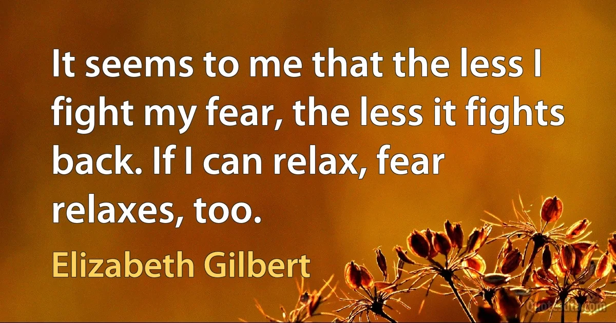 It seems to me that the less I fight my fear, the less it fights back. If I can relax, fear relaxes, too. (Elizabeth Gilbert)