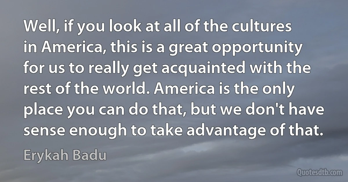 Well, if you look at all of the cultures in America, this is a great opportunity for us to really get acquainted with the rest of the world. America is the only place you can do that, but we don't have sense enough to take advantage of that. (Erykah Badu)