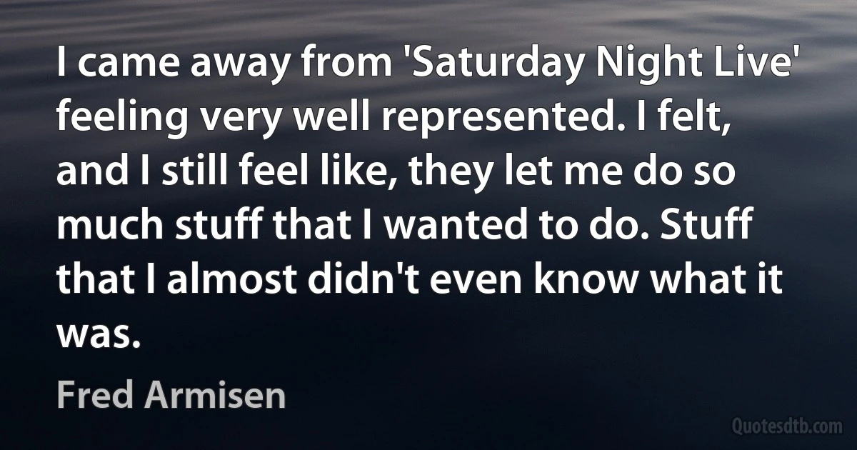 I came away from 'Saturday Night Live' feeling very well represented. I felt, and I still feel like, they let me do so much stuff that I wanted to do. Stuff that I almost didn't even know what it was. (Fred Armisen)