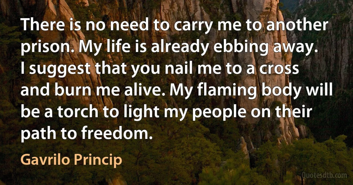 There is no need to carry me to another prison. My life is already ebbing away. I suggest that you nail me to a cross and burn me alive. My flaming body will be a torch to light my people on their path to freedom. (Gavrilo Princip)