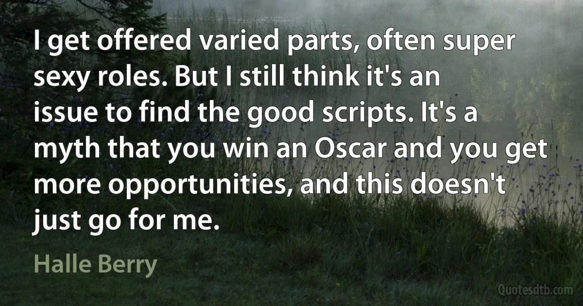 I get offered varied parts, often super sexy roles. But I still think it's an issue to find the good scripts. It's a myth that you win an Oscar and you get more opportunities, and this doesn't just go for me. (Halle Berry)