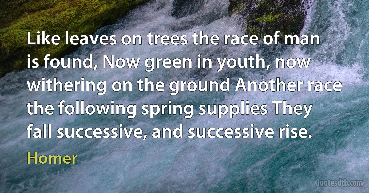 Like leaves on trees the race of man is found, Now green in youth, now withering on the ground Another race the following spring supplies They fall successive, and successive rise. (Homer)