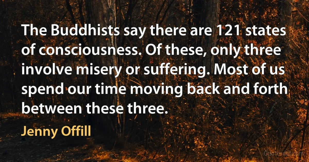 The Buddhists say there are 121 states of consciousness. Of these, only three involve misery or suffering. Most of us spend our time moving back and forth between these three. (Jenny Offill)