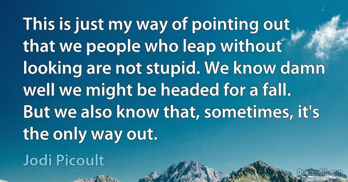 This is just my way of pointing out that we people who leap without looking are not stupid. We know damn well we might be headed for a fall. But we also know that, sometimes, it's the only way out. (Jodi Picoult)