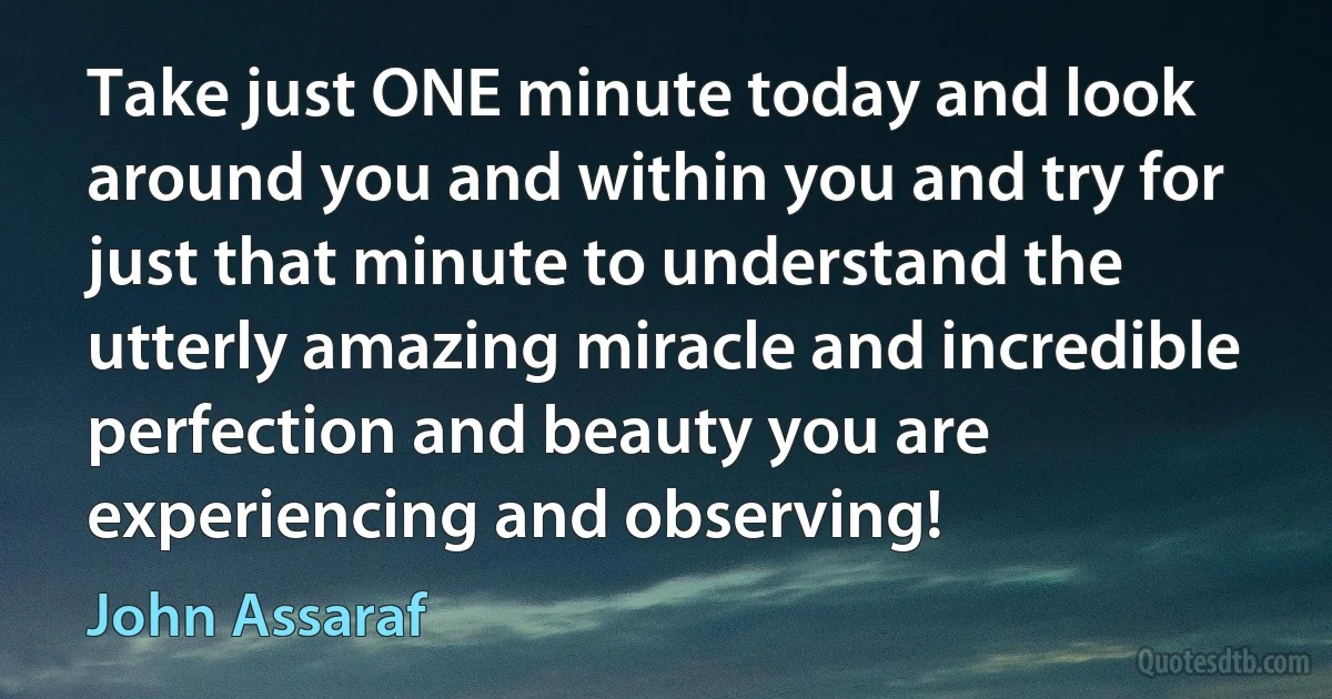 Take just ONE minute today and look around you and within you and try for just that minute to understand the utterly amazing miracle and incredible perfection and beauty you are experiencing and observing! (John Assaraf)