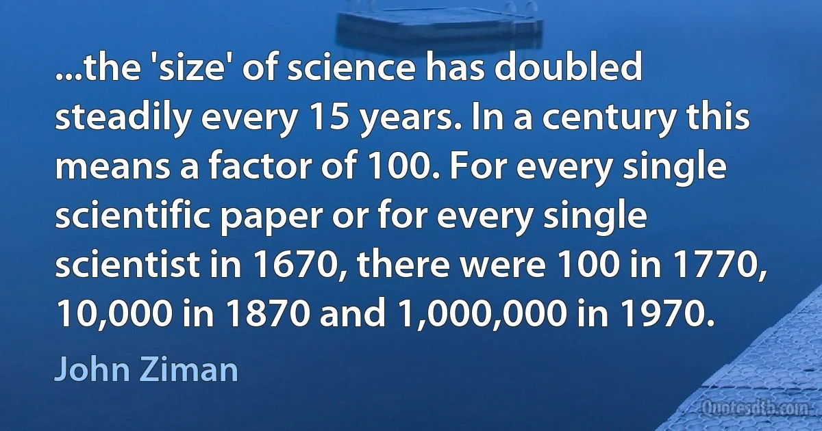 ...the 'size' of science has doubled steadily every 15 years. In a century this means a factor of 100. For every single scientific paper or for every single scientist in 1670, there were 100 in 1770, 10,000 in 1870 and 1,000,000 in 1970. (John Ziman)