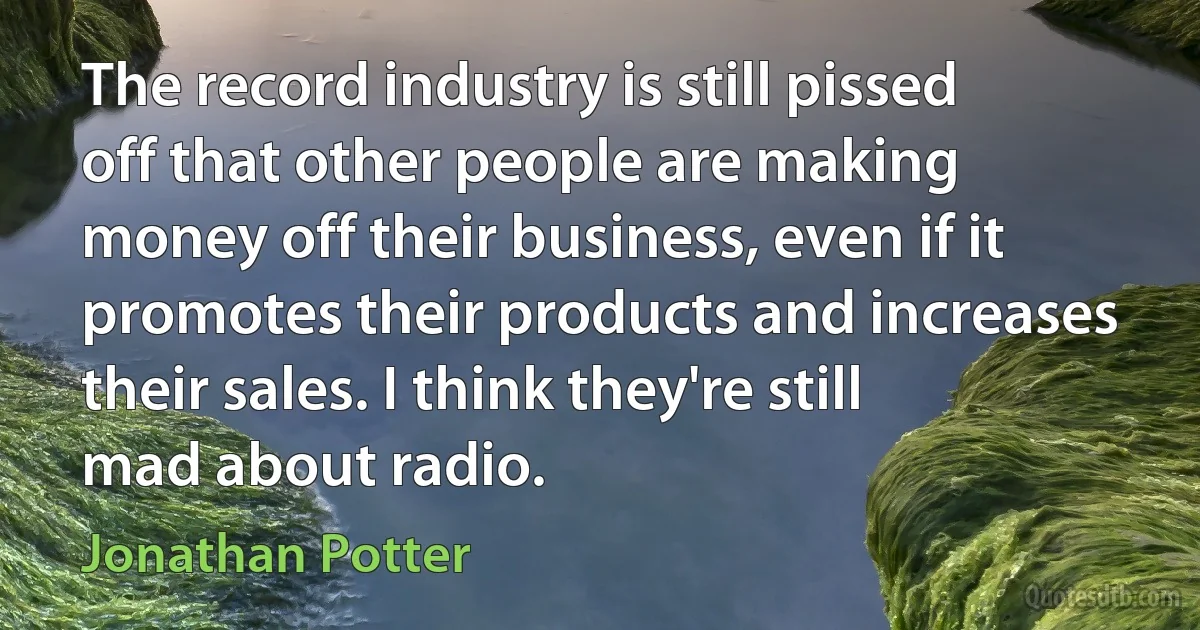 The record industry is still pissed off that other people are making money off their business, even if it promotes their products and increases their sales. I think they're still mad about radio. (Jonathan Potter)