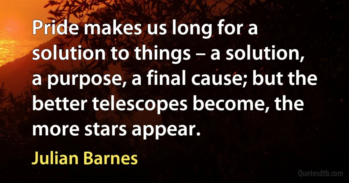 Pride makes us long for a solution to things – a solution, a purpose, a final cause; but the better telescopes become, the more stars appear. (Julian Barnes)