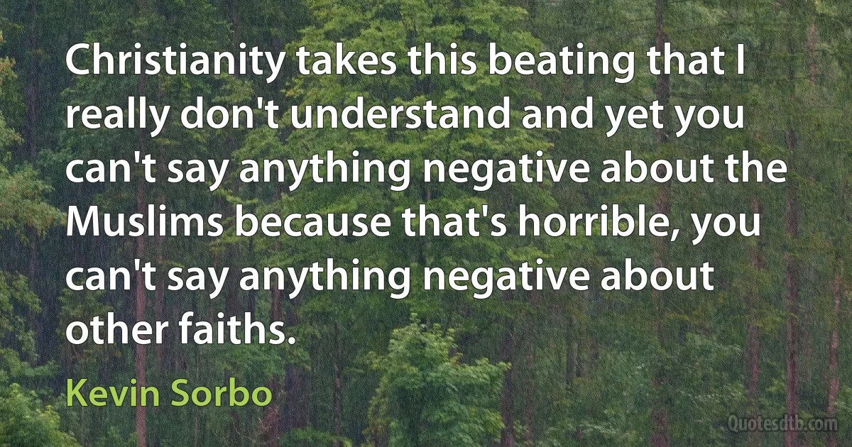 Christianity takes this beating that I really don't understand and yet you can't say anything negative about the Muslims because that's horrible, you can't say anything negative about other faiths. (Kevin Sorbo)