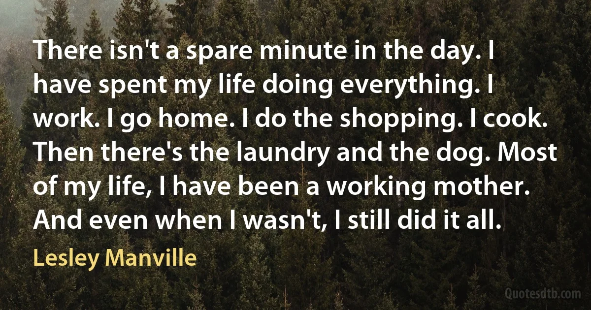 There isn't a spare minute in the day. I have spent my life doing everything. I work. I go home. I do the shopping. I cook. Then there's the laundry and the dog. Most of my life, I have been a working mother. And even when I wasn't, I still did it all. (Lesley Manville)