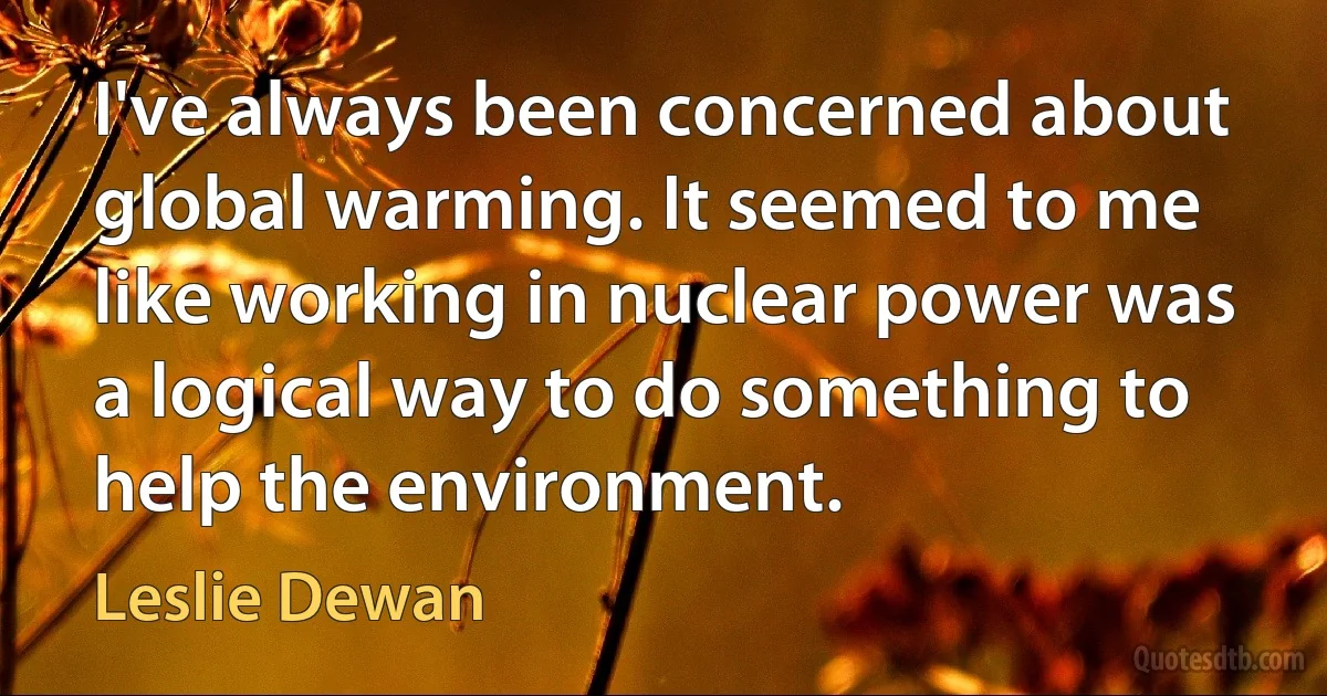 I've always been concerned about global warming. It seemed to me like working in nuclear power was a logical way to do something to help the environment. (Leslie Dewan)