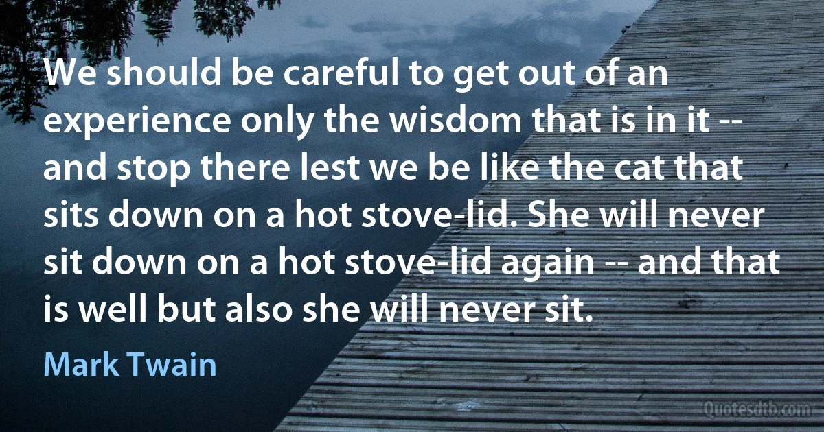 We should be careful to get out of an experience only the wisdom that is in it -- and stop there lest we be like the cat that sits down on a hot stove-lid. She will never sit down on a hot stove-lid again -- and that is well but also she will never sit. (Mark Twain)