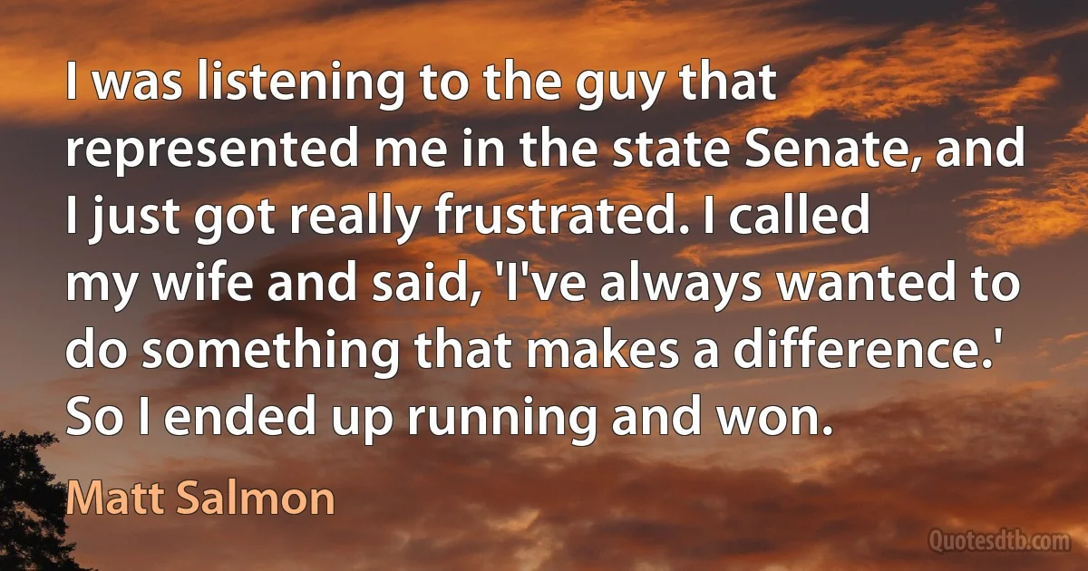 I was listening to the guy that represented me in the state Senate, and I just got really frustrated. I called my wife and said, 'I've always wanted to do something that makes a difference.' So I ended up running and won. (Matt Salmon)