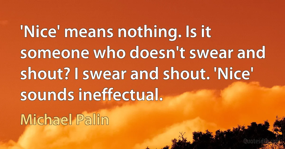 'Nice' means nothing. Is it someone who doesn't swear and shout? I swear and shout. 'Nice' sounds ineffectual. (Michael Palin)